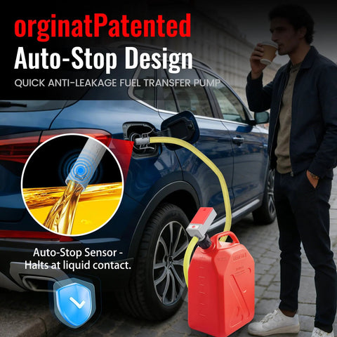 Installed fuel transfer pump with red canister and 51-inch yellow hose fueling car; auto-stop sensor visible.