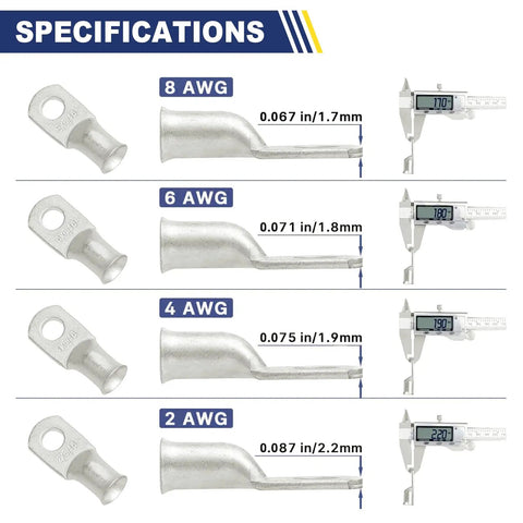 Heavy Duty 80 Piece Tinned Copper Battery Cable Lugs Kit specifications for AWG 8 6 4 2 with measurement details