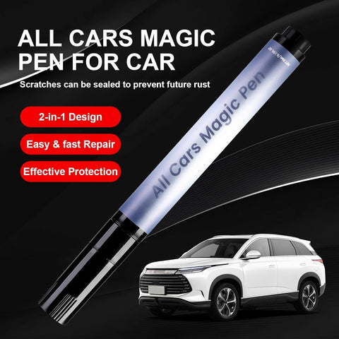 Pen labeled 'All Cars Magic Pen', car image below. Text highlights quick, easy repair benefits. 2 Pack Magic Car Scratch Removal Pen Universal For All Colors, Quick Fix For Scratches And Paint Damage, Easy To Use With Precision Tip, No Mess, Seamless Blend.