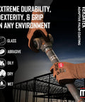 Person wearing Dx Plus Technology VersaTek Grip Work Gloves, gripping a metal tool, demonstrating ANSI A5 Cut Protection.