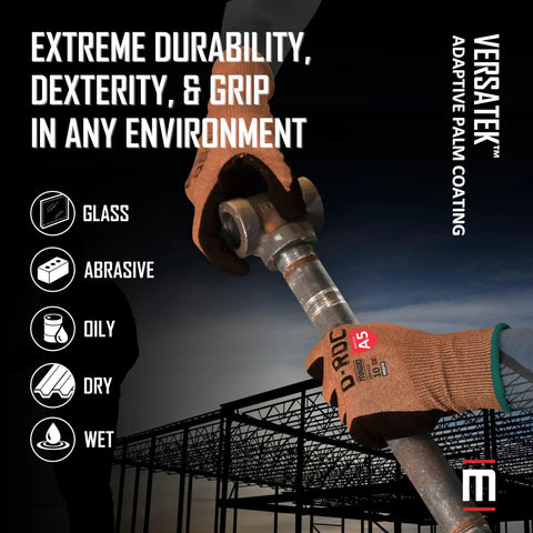 Person wearing Dx Plus Technology VersaTek Grip Work Gloves, gripping a metal tool, demonstrating ANSI A5 Cut Protection.