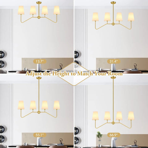 4-Light Gold Linear Chandelier Over Kitchen Island And Dining Table, Modern Pendant Lighting With White Fabric Shades, E12 Base