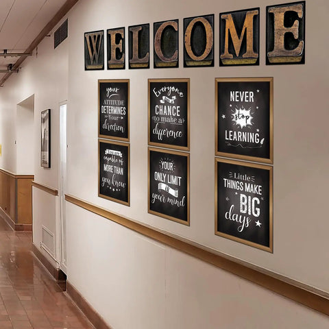 Fresh Industrial Chic Bulletin Board Poster Set Leveling Up Classroom Vibe With Seven Welcome Cutouts And Six Motivational Prints on a wall.