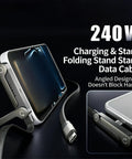 2-In-1 Holder Charger Cable With Stand in use, showing phone on 360° adjustable metal desk stand, ideal for gaming and office.