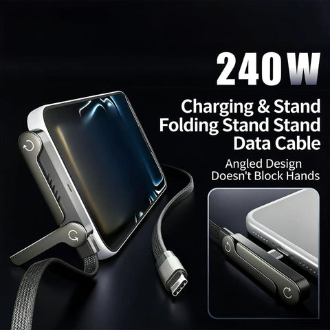 2-In-1 Holder Charger Cable With Stand in use, showing phone on 360° adjustable metal desk stand, ideal for gaming and office.