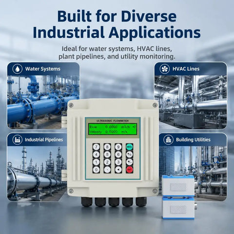 Wall Mount Ultrasonic Flow Meter Rock Solid Clamp On Pipe Sensor Non Invasive Liquid Flow Tracker High Precision Transit Time Readings displayed with industrial applications.