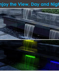 All In One Pond Waterfall Kit With LED Lights 8 Inch Stainless Steel Spillway 660 GPH Pump Outdoor Fountain Day Night View