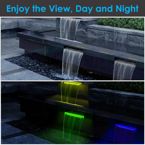 All In One Pond Waterfall Kit With LED Lights 8 Inch Stainless Steel Spillway 660 GPH Pump Outdoor Fountain Day Night View