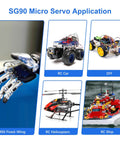 10 Pack 9G Micro Servo Motors For Small RC Helicopters Cars Boats Drones And Robotic Arms showcasing application uses