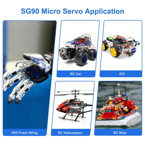 10 Pack 9G Micro Servo Motors For Small RC Helicopters Cars Boats Drones And Robotic Arms showcasing application uses