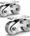 Built Tough Heavy Duty V Shaped Groove Wheel Sliding Gate Casters With Double Bearings And Detachable Brackets For Inverted Tracks And Rolling Door Smooth Rollin Replacement Setup Kit with stainless steel wheels and brackets.