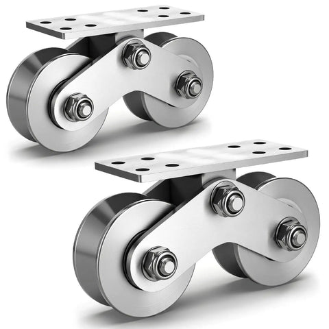 Built Tough Heavy Duty V Shaped Groove Wheel Sliding Gate Casters With Double Bearings And Detachable Brackets For Inverted Tracks And Rolling Door Smooth Rollin Replacement Setup Kit with stainless steel wheels and brackets.
