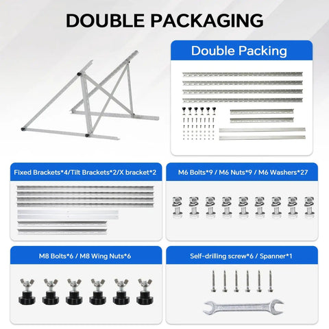 45 Inch Adjustable Solar Panel Mount Brackets With Tilt For 100 To 400W Panels, Windproof Up To 2400Pa, Roof, RV, Ground, Boat, Off-Grid Mount Kit showing brackets, bolts, and tools packaged together.