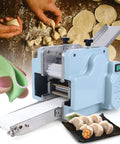 Hella Fast Automatic Dumpling Skin Maker Whips Up Ravioli Sheets And Pasta Dough Presser At Sixty Pieces Per Minute with green dough.