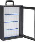 Built Tough Thirty Six Slot Cell Phone Locker Wall Mount With Matched Key Lock And Soft Inner Padding Black Steel Alloy with compartments.