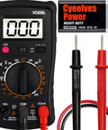 Pocket Digital Multimeter With Backlit LCD Display And Test Leads All In One Voltage Meter For AC DC Voltage Ohm Amp Diode And Current Measurement Perfect For DIYers And Tech Nerds, shown with red and black test leads and battery