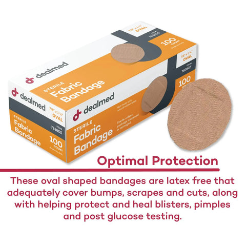 Dealmed flexible fabric oval adhesive bandages, latex-free, 7/8 x 1 1/4 inches, 100-count box.