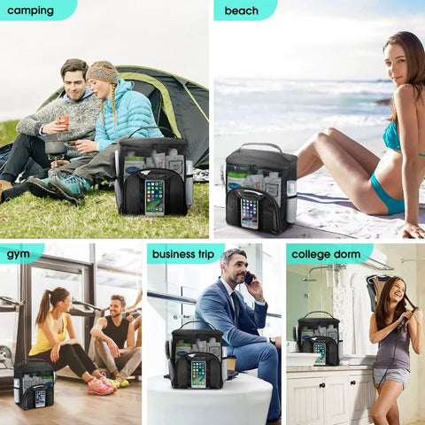 Mesh Shower Caddy Tote For Dorms And Travel used in various settings like camping, beach, gym, business trip, and college dorm.