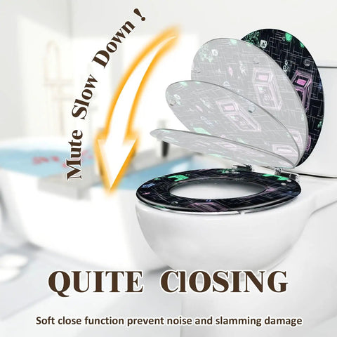 Toilet Seat with Lid, Bathroom featuring a soft close mechanism and vibrant design, suitable for various toilet models.