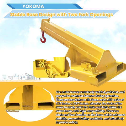 Heavy Duty Forklift Jib Boom Crane With Fully Adjustable Telescopic Arm And Pivoting Chain Hoist Hook showing stable base design and fork openings.