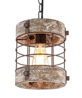 Retro Industrial Round Wood And Metal Chandelier Pendant Light For Kitchen Island Foyer Bar Dining Room 1 Light Cage Fixture In White Brown 7.8 In Diameter By 8.58 In Height Rustic Farmhouse Vibe