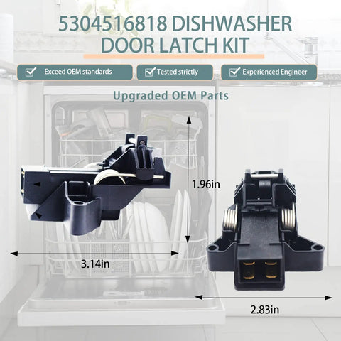 Beefed Up Dishwasher Door Latch Kit Replacement for Electrolux Kenmore Frigidaire, shown near open dishwasher with measurements