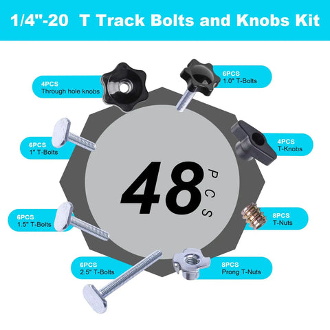 Quarter Inch T Track Bolts and Knobs Kit Pro Grade for Woodworking Jigs and Fixtures with various bolt sizes and knobs