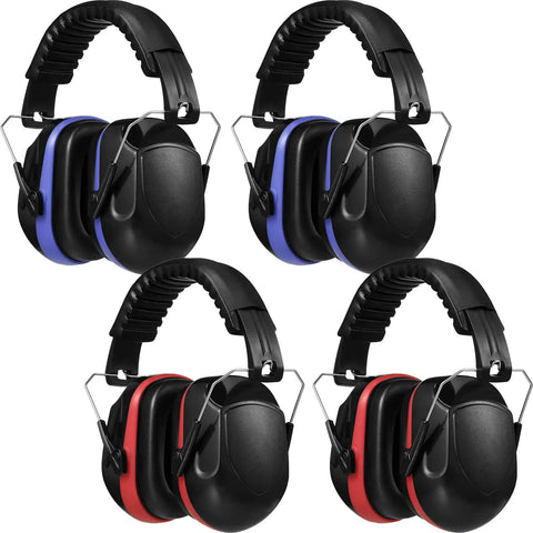 Four Pack 28dB NRR Ear Muffs Noise Reduction Hearing Protection For Shooting, Foldable Adjustable Earmuffs In Red And Blue, Lightweight