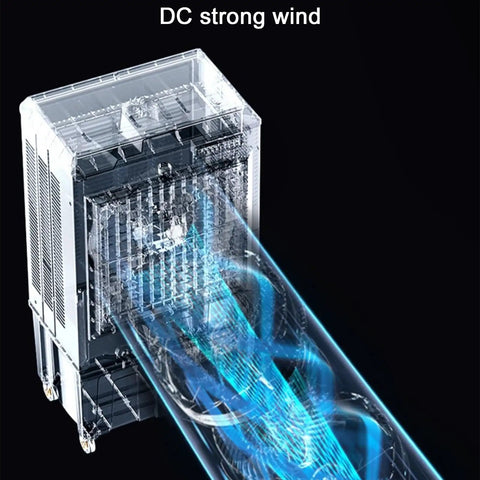 Heavy Duty Evaporative Air Cooler With 26.4 Gallon Water Reservoir And Triple Stage Cooling For Large Rooms Patios And Workshops demonstrating strong airflow.