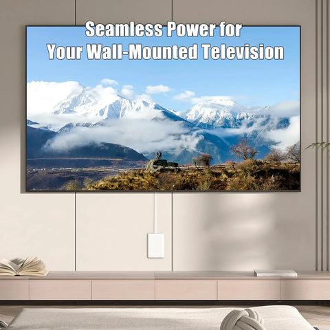 Hassle Free 3 Foot Flat Plug Extension Cord Power Strip With Three Upward Outlets Low Profile Design for wall-mounted TV.