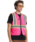 Heavy Duty High Visibility Reflective Safety Vest Featuring Wide Hi Viz Strips For Construction Jobsites Traffic Management And Outdoor Yard Work Unisex Polyester Blend Ensures Maximum Airflow Lets You Crush Your Shift on model with pockets and zipper.