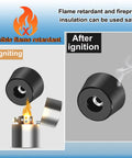 Flame retardant insulation demonstration with visible flame and smoke next to black cylindrical component.