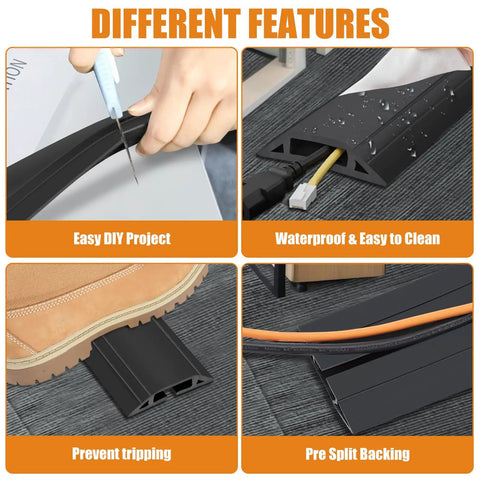 Heavy Duty PVC Floor Cord Cover for wires and cables, easy unroll floor cable management ramp, black, different features displayed