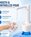 2-In-1 Desktop And Bottle Top Electric Water Dispenser Pump, One-Touch Easy Pour, white pump with extended spout pouring water into glass.
