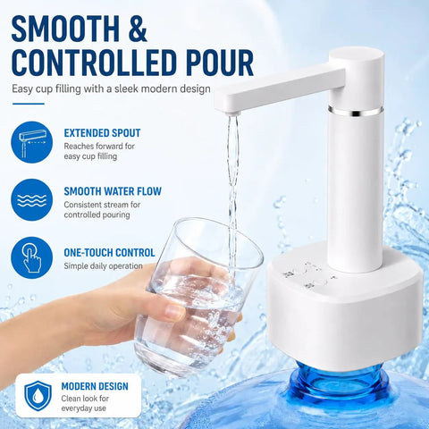 2-In-1 Desktop And Bottle Top Electric Water Dispenser Pump, One-Touch Easy Pour, white pump with extended spout pouring water into glass.