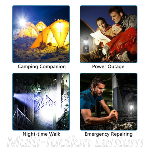 Collage of Solar USB Rechargeable Lanterns for Camping and Emergency Prep used outdoors and during power outages, 2 Pack