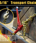 Beefy Heavy Duty 5/16 Inch 16 Feet Transport Chain 2 Pack Grade 70 Tow Chain With Clevis Grab Hooks attached to load