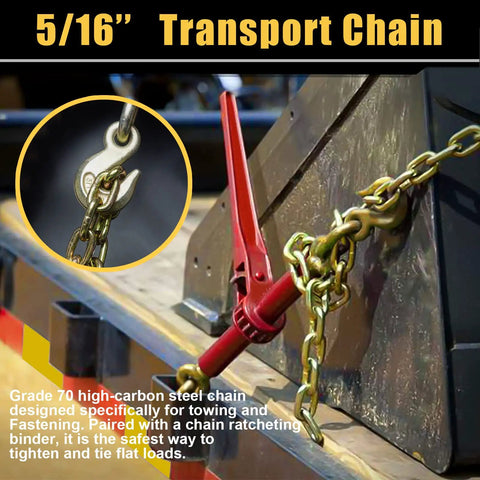 Beefy Heavy Duty 5/16 Inch 16 Feet Transport Chain 2 Pack Grade 70 Tow Chain With Clevis Grab Hooks attached to load