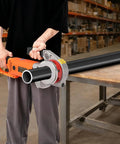 Heavy Duty 2300W Electric Pipe Threader With Portable Die Set For Cutting Water Gas Line Threads In Steel Copper Pipe Fast And Easy Diy Plumbing Tool in use on a black pipe.