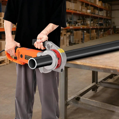 Heavy Duty 2300W Electric Pipe Threader With Portable Die Set For Cutting Water Gas Line Threads In Steel Copper Pipe Fast And Easy Diy Plumbing Tool in use on a black pipe.