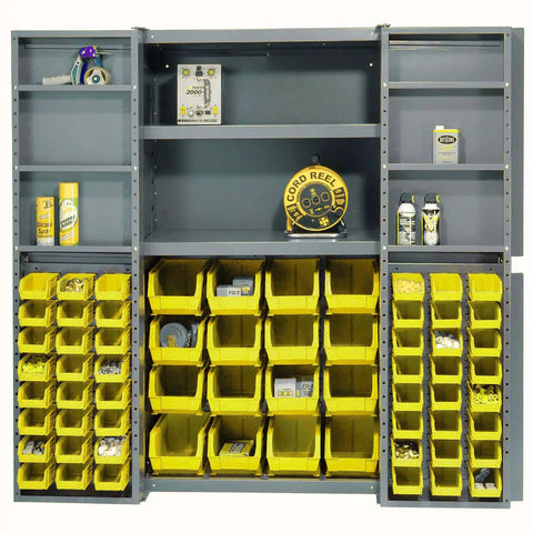 Heavy Duty Swinging Door Parts Bin Cabinet With 64 Yellow Plastic Bins And Adjustable Interior Door Shelves To Rack Up Parts Fast And Make The Whole Shop Setup Look Fly, organized bins setup.