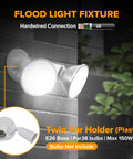 No Fuss And Tough As Nails 2 Pack Dual Head Outdoor Flood Lights Switch Controlled Waterproof Security Fixtures Adjustable Twin Par Holder Max 300 Watt For Yard Garage And Porch White mounted on a wall with bright light.