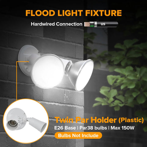 No Fuss And Tough As Nails 2 Pack Dual Head Outdoor Flood Lights Switch Controlled Waterproof Security Fixtures Adjustable Twin Par Holder Max 300 Watt For Yard Garage And Porch White mounted on a wall with bright light.