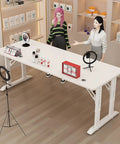 Level Up Your Setup With This Height Adjustable Gaming Desk Rocking A Cool Wood Finish And Roomy Sit Stand Top Dope For Dual Monitors Ergonomic Anti Slip Pads And Fresh White Vibe Great For Your Home Office Or Bedroom.