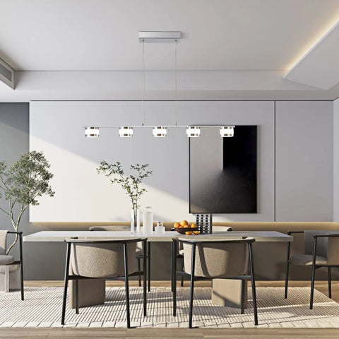 5 Light LED Pendant Chandelier for Kitchen Island, Dimmable Modern Fixture in Brushed Nickel with Chrome Finish above dining table