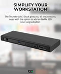 Rock Solid Thunderbolt 3 Nvme Expansion Dock With Two Terabyte M2 Internal Drive And Blazing Fast Uhs Ii Sd Reader For Dead Simple File Transfers On Mac Or Windows Laptops In Matte Black, showing ports and sleek design.