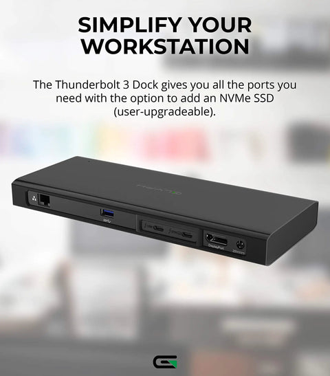 Rock Solid Thunderbolt 3 Nvme Expansion Dock With Two Terabyte M2 Internal Drive And Blazing Fast Uhs Ii Sd Reader For Dead Simple File Transfers On Mac Or Windows Laptops In Matte Black, showing ports and sleek design.