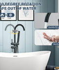 Image of Dope Matte Black Freestanding Tub Filler Faucet With Shower and Handheld Sprayer displaying 360-degree rotation feature.