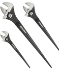 Three Piece Adjustable Spud Wrench Set With 8 Inch 10 Inch And 12 Inch Sizes Black Oxide Finish Hardened CR V Steel SAE And Metric Scale Markings
