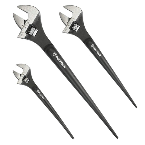 Three Piece Adjustable Spud Wrench Set With 8 Inch 10 Inch And 12 Inch Sizes Black Oxide Finish Hardened CR V Steel SAE And Metric Scale Markings